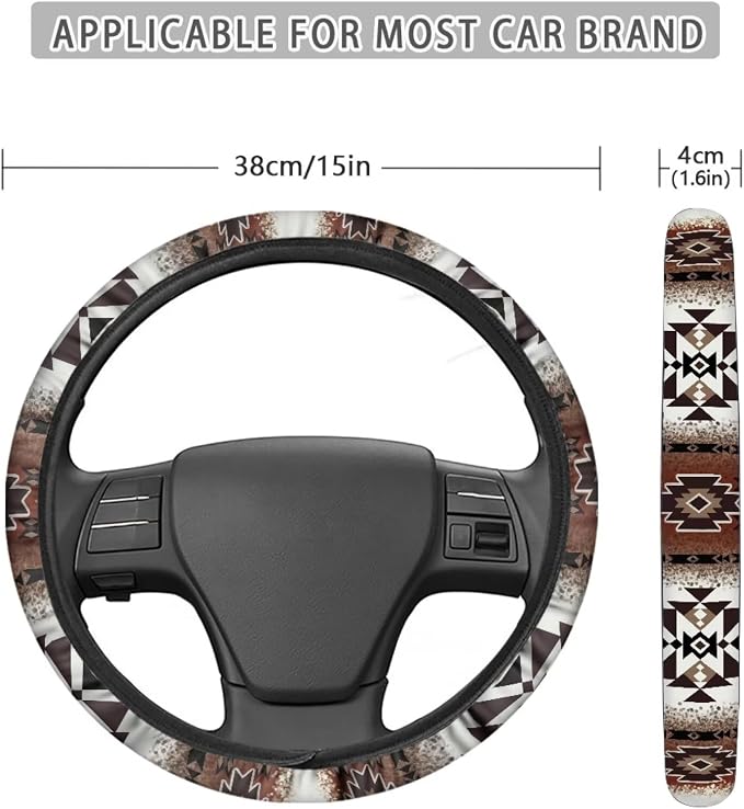 Southwest Aztec Navajo Brown Auto Steering Wheel Cover Universal 15 Inch Anti-Slip Neoprene Southwest Tribal Car Steering Wheel Protector for Women Men
