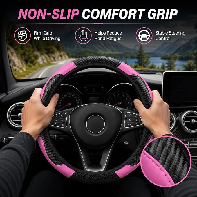 Car Steering Wheel Cover 15 inch, Microfiber PU Leather Elastic Steering Wheel Protector, Anti-Slip Breathable Car Interior Accessories for Most Cars (Pink)