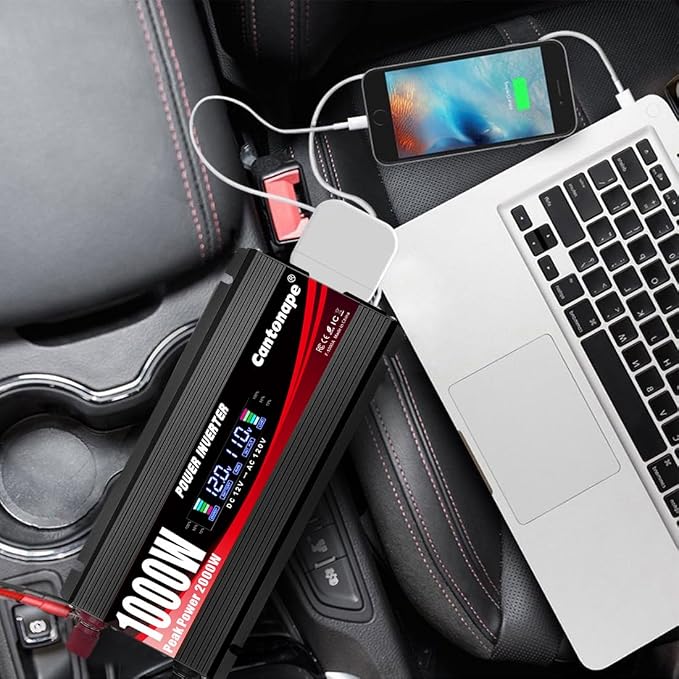 1000W Car Power Inverter DC 12V to 110V/120V AC Converter with LCD Display 2 AC Outlets, 3.0A USB and Type-C Car Inverter for RV Camping Laptop Truck Vehicle