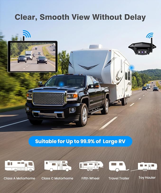 8.2'' RV Backup Camera Wireless: Compatible with Pre-Wired RV, 1080P HD Monitor with CarPlay, Voice Control, IR Night Vision, DVR Recording Back Up Camera for Camper, Trailer, Motorhome