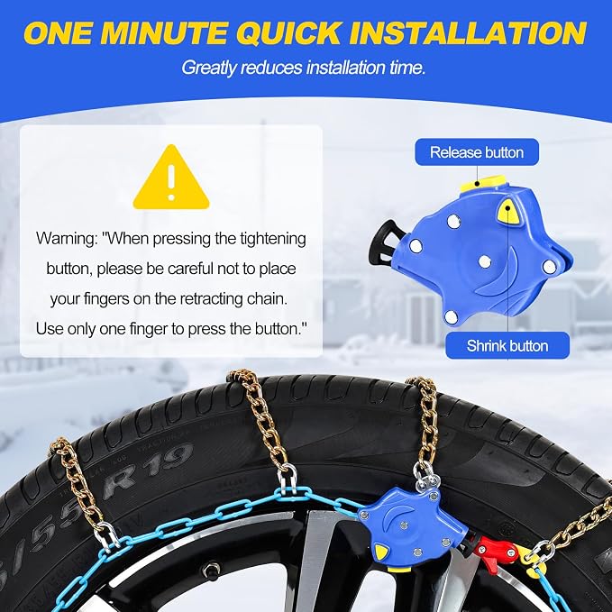 Auto Tightening Snow Chains for Cars, SUVs & Pickup Trucks – 1-Min Quick-Fit Auto Installation, Reusable Universal Emergency Traction Tire Chains – Set of 2（ALN170）