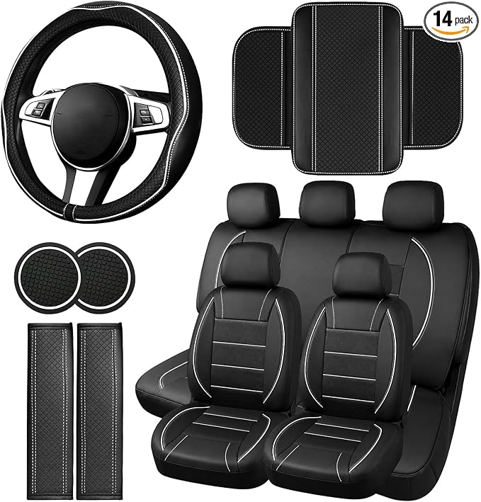 14 PCS Leather Car Seat Covers Full Set, 14.5”-15'' Sporty Steering Wheel Cover Universal, Center Console Cover, Seat Belt Cushion, Cup Holder Coaster, Car Interior Set White
