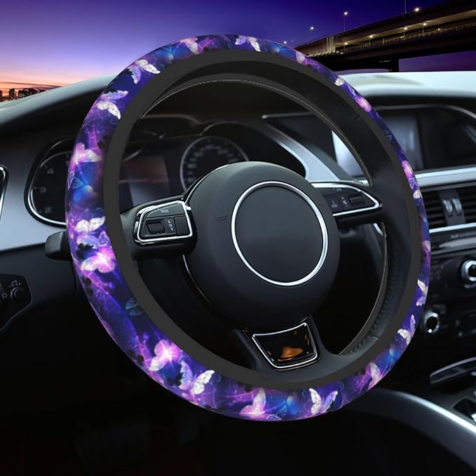 Butterfly Purple Steering Wheel Cover - Purple Butterfly Steering Wheel Cover Anti-Slip Breathable 15 Inch Universal 2 Pcs Car Interior Cup Holder Pad for Men Women
