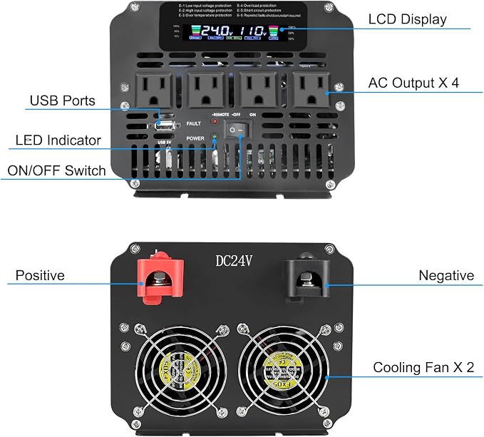 3000 Watt Power Inverter 24V to 110V 120V DC to AC with 4 AC Outlets, LCD Display, USB Port & Remote Control for Home, RV, Vehicle, Truck, Off-Grid Solar System, Heavy Duty Outdoor Camping