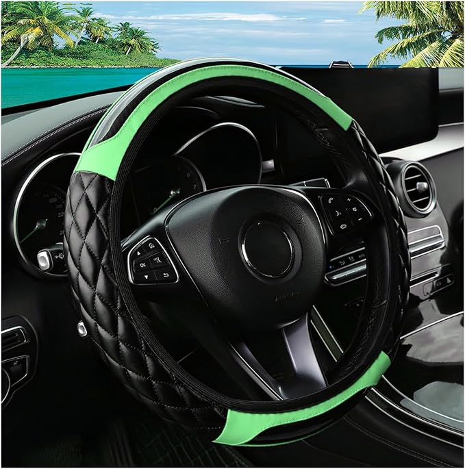 Car Steering Wheel Cover, 14.5-15inch Leather Anti-Slip Car Wheel Cover Protector, Safety Comfortable Desgin, Universal Auto Steering Wheels Accessories for Cars Truck SUV (Green)