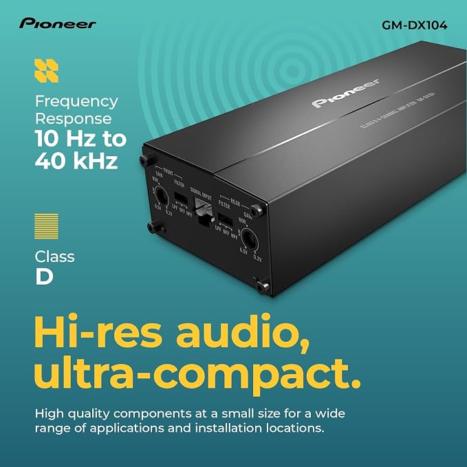 GM-DX104 4-Channel Car Amplifier – 400W Max, Efficient Class D, Bridgeable Design, Hi-Res Certified, Gold terminals, Clean Output, Low Interference