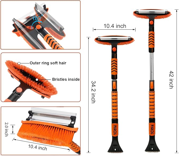 42'' Ice Scraper and Extendable Snow Brush Emergency Snow Shovel Snow Broom with Foam Grip 180° Pivoting Brush Head Snow Scraper for Cars, Trucks, SUVs, Vehicle