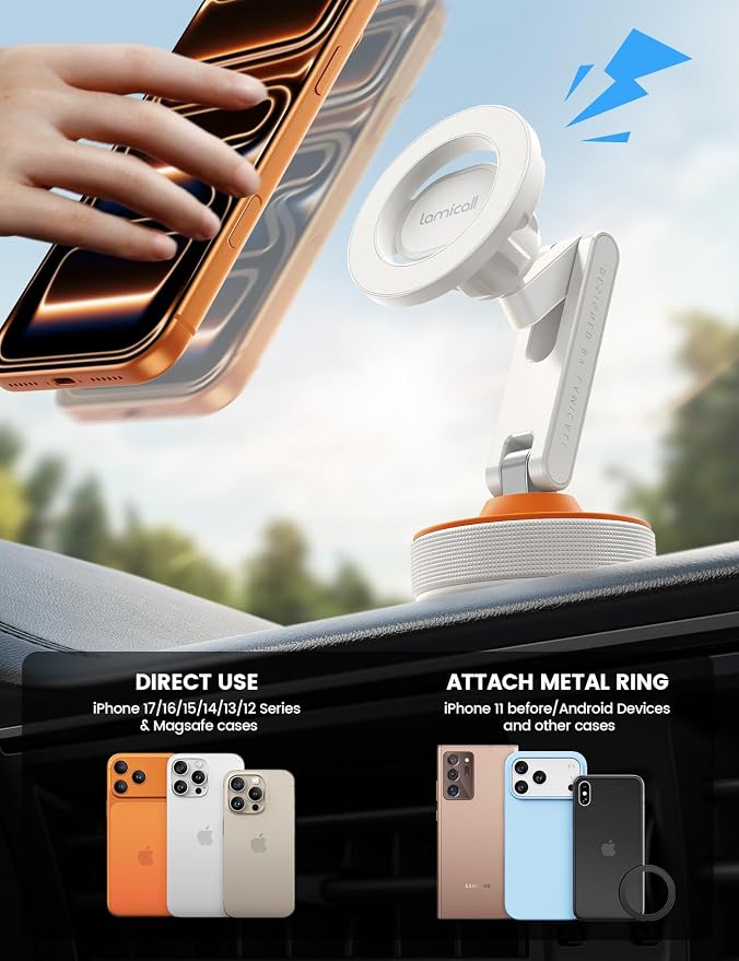 for Magsafe Car Mount - [Ultra Nano Gel & 70+LBS Vacuum Suction] 360° Magnetic Phone Holder for Car Suction Cup Phone Mount Dashboard Windshield Car Mount for iPhone 17 16 15 14 Pro Max White
