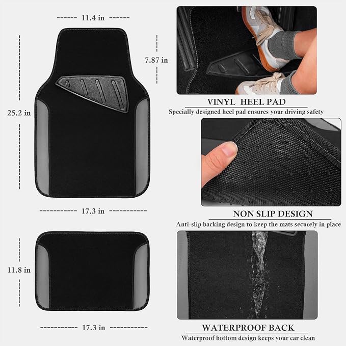Faux Leather Steering Wheel Cover and Waterproof Car Floor Mats,Universal Car Combo Fit for 95% Sedan,SUV,Cars,14.5-15inch Sporty Anti-Slip Safety Comfortable Design(Black＆Gray)