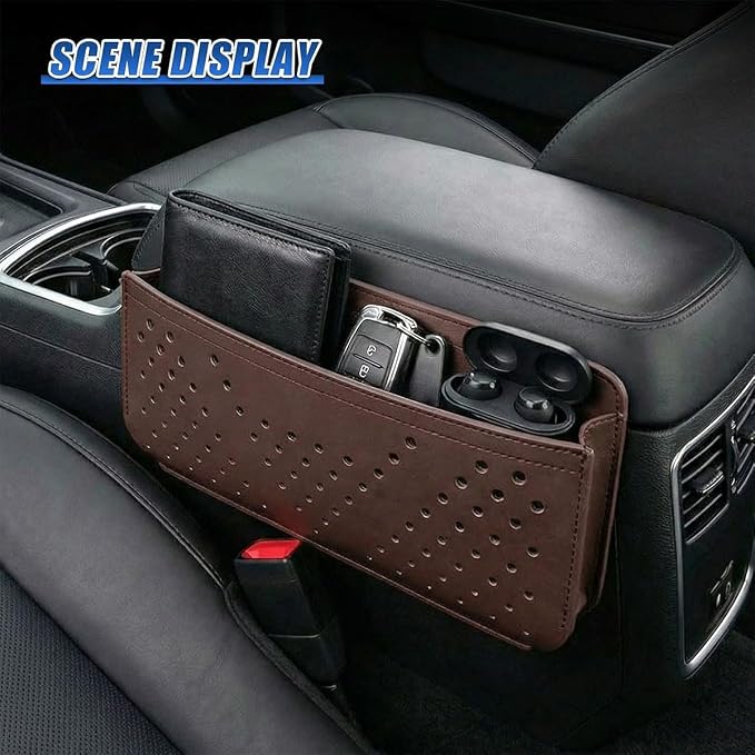 Car Seat Side Pocket Organizer, PU Leather Water-Resistant Car Console Storage Bag, Multifunctional Auto Interior Door Tray Pouch Organizer Accessories for Phone Keys Sunglasses (Brown)