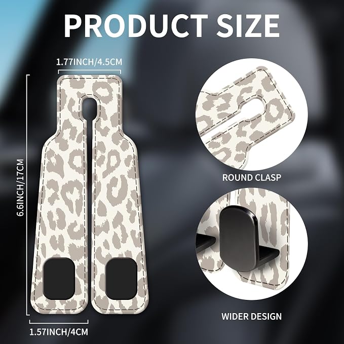 Car Seat Headrest Hook, Universal Leather Cute Hanger Holder Hook, Storage Organizer Interior Accessories for Purse Bags Handbag Luxury Grey Leopard