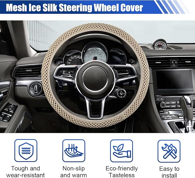 Elastic Stretch Steering Wheel Cover, 15" Breathable Microfiber Ice Silk Steering Wheel Protector, Universal Anti-Slip Car Warm in Winter&Cool in Summer Accessories for Men Women (Beige)