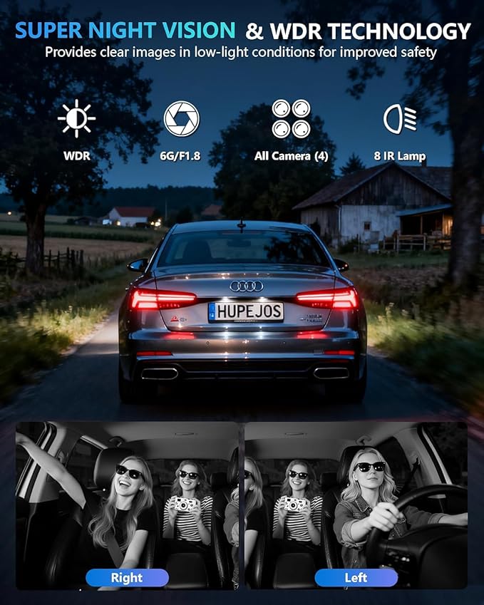 AI Dash Cam Front Rear Inside with Driver Monitor System, 360° Car Camera 4K, 4 Channel Camera for Cars, WiFi GPS, Dashcam 64GB SD Card, Night Vision, 24H Parking Mode, Upgrade DMS V8Plus
