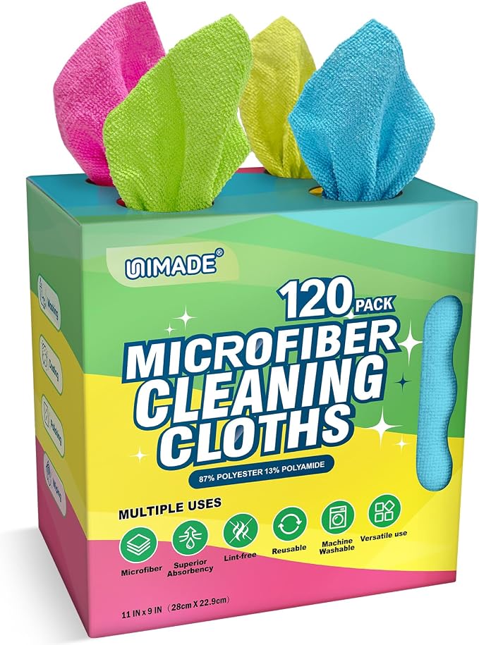 Microfiber Cleaning Cloth, 120 Pack Reusable Paper Towels Microfiber Towels for Cars Lint Free Shop Rags for Home Kitchen Automotive, 11"x 9", Pink & Yellow & Green & Blue
