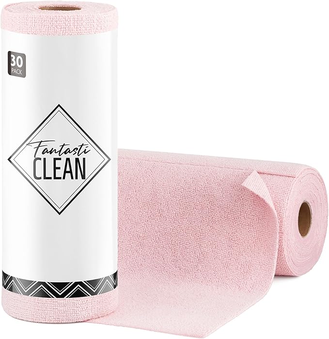 Microfiber Cleaning Cloth Roll- 30 Sheets, 12" x 12" (Pink) | Super Absorbent, Lint-free, Tear-away Microfiber Towel Roll, for All-Purpose Cleaning, Reusable Alternative to Paper Towels