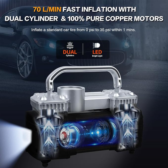 Heavy Duty Tire Inflator 12V Portable Air Compressor Pump 150PSI | 6X Faster Inflation Dual Cylinder Metal Air Pump with Led Light for Car, RV,Pickup Truck, SUV, Van,Camper, Air Bed,Balls