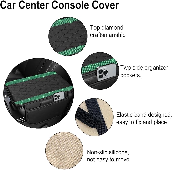 Bling Car Center Console Cover, Leather Car Arm Rest Cover Cushion with 2 Storage Bags, Universal Auto Armrest Protector Storage Box, Bling Accessories Interior for Most Vehicles (Green)