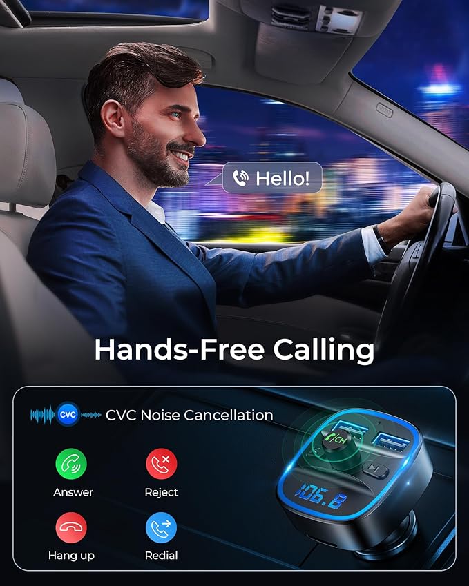 FM Transmitter, Bluetooth FM Transmitter Wireless Radio Adapter Car Kit with Dual USB Charging, Audio Receiver Car Charger MP3 Player, Support Hands-Free Calling, TF Card & USB Disk