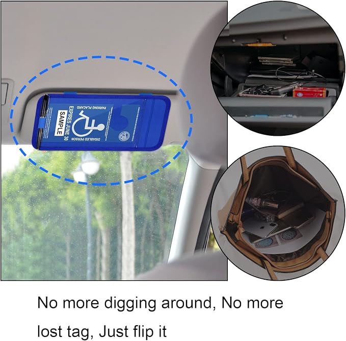 Handicap Placard Holder for Auto, Disabled Parking Permit Sign Protector for Car Sun Visor with Note Paper Slot, Pen Holder and Elastic Strap - Blue