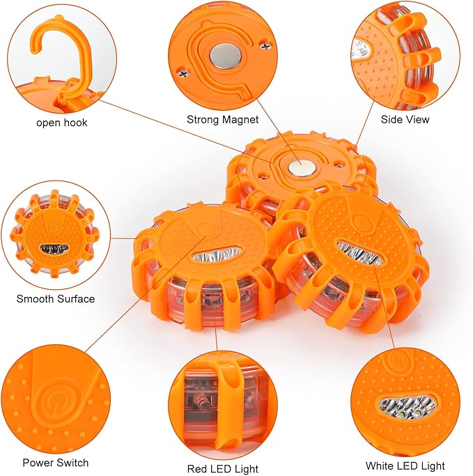 12 Pack LED Road Emergency Roadside Lights Flashing Safety Warning Kit Beacon Magnet Hook Vehicle Boat Truck Disc Magnetic Flash Cars Security Driveway Automotive Strobe