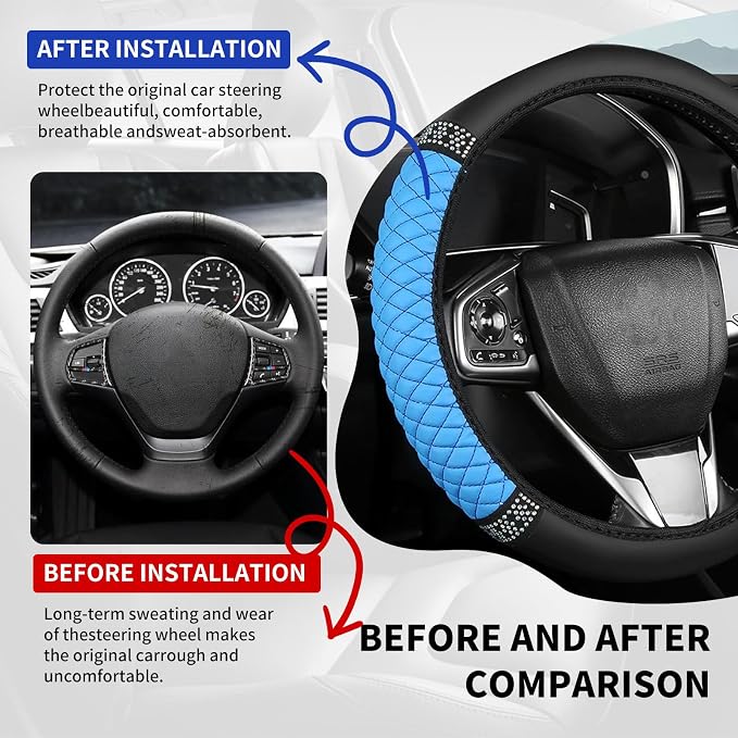 Bling Car Steering Wheel Cover, 15 Inch Rhinestones Soft Leather Elastic Steering Wheel Protector, Sparkly Crystal Diamond for Women, Car Interior Accessories for Most Cars (Blue)