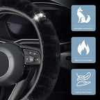 Plush Steering Wheel Cover with Bling Bling Crystal Rhinestone, Universal 15 Inch Softy Fluffy Steering Wheel Cover for Women Girls, Anti-Slip, Winter Warm, Black