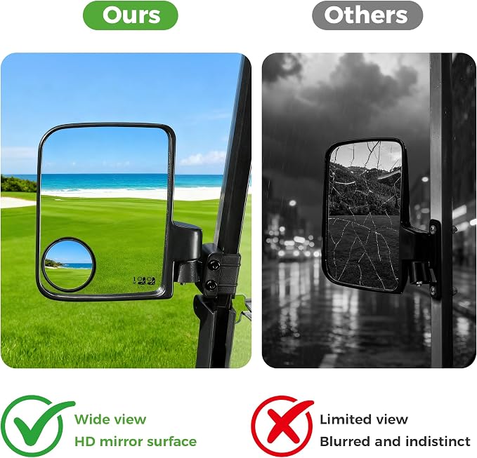 Golf Cart Mirror No Drilling Side Mirrors with Blind Spot Mirrors Universal for Yamaha, Club Car, EZGO, Folding Side Rear View Mirrors Adjustable 180 Degree HD Glass