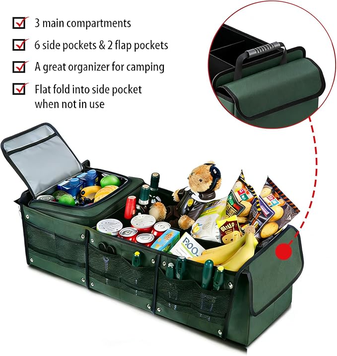 Car Trunk Organizer with Removable Cooler Bag - Collapsible Multi-Compartment Storage for SUV Truck Groceries Camping, Durable Nylon Auto Cargo Organizer (Green)