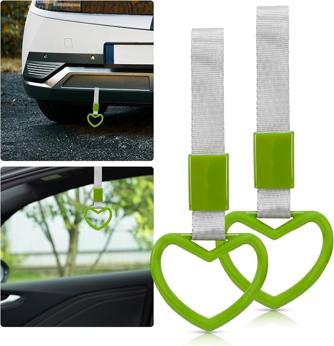 2 Pcs Heart Shaped Car Handle Strap – JD M Drift Charm Rear Bumper Warning Ring Decor for Car Interior Exterior, Subway Bus Handle Accessory, Cute Heart Car Decor Gift for Drivers (Green-Silver)