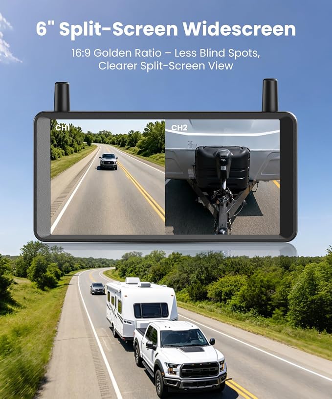 2 Solar Wireless Backup Camera: Dual Antenna for Stable Live View | 1Min Quick Install, 6" Dual-Split Screen with 1080P Color Night Vision, Long Battery Rechargable for Car Truck Trailer