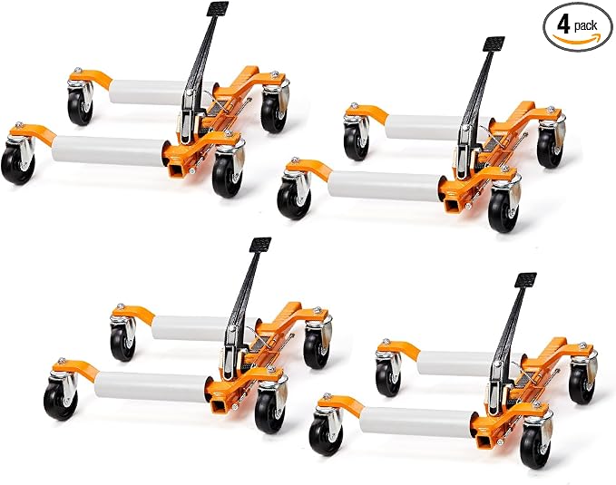 Car Wheel Dolly Set of 4, Mechanical 6000-lbs Car Dollies, 12'' Wheel Vehicle Positioning Jack, No Assembly, Heavy Duty Rollers w/Ratcheting Foot Pedal, for Tire Auto Repair,Orange