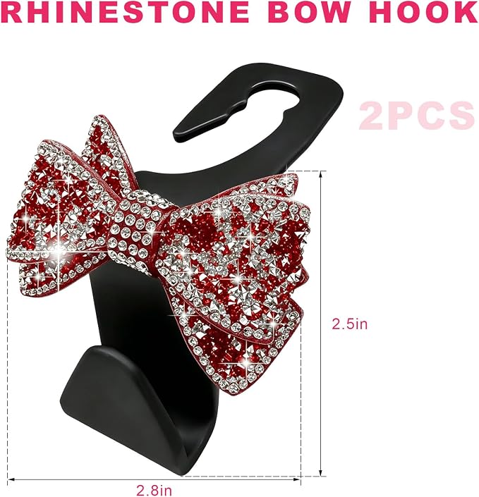 2PCS Bling Bow Car Seat Headrest Hooks, S-Type Crystal Auto Rear Seat Organizer for Handbags Purses Groceries, Cute Rhinestone Bow Seats Back Storage Hook for SUV Truck Sedan (Red)