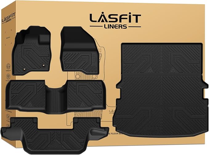 Floor Mats & Cargo with Backrest Mat for Ford Explorer 2015-2019 7 Seats All Weather Protector TPE Easy Clean Car Floor Liner Custom Fit for 5-pc Full Set Black