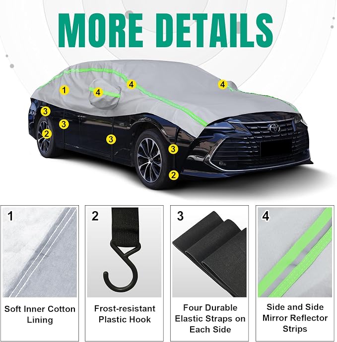 Half Car Cover SUV,Top Cover with Green Reflective Strip, Hail Protector Car Cover with Cotton Liner, Sunroof & Windshield Cover for Ice and Snow, All Weather Car Body Cover for Snow, Sun, Rain, Dust