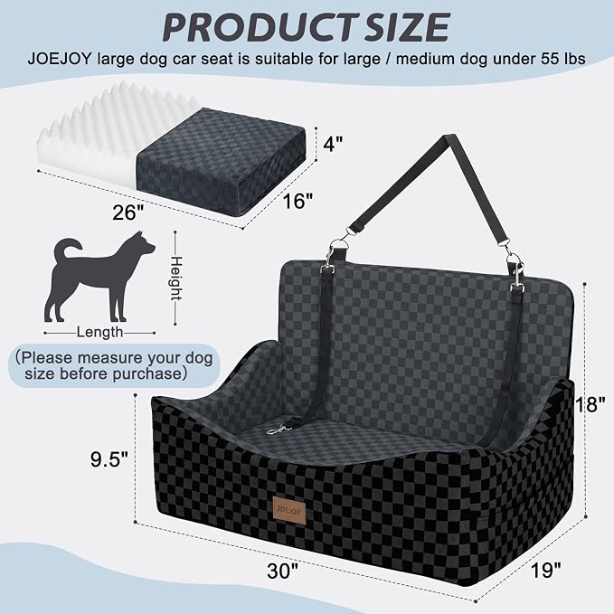 Dog Car Seat for Medium/Large Dogs - Reversible Dual-Sided Travel Dog Car Bed with Memory Foam, Washable Pet Booster Seat for Dogs up to 55 lbs or 2 Small Dogs, 2 Safety Leashes, Dark Grey