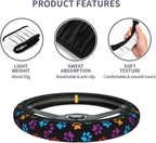 Paw Print Steering Wheel Cover Anti-Slip and Practical 14.5-15 Inch Universal Car Steering Wheel Cover with 2 Pieces Car Coasters Suitable for Men Women