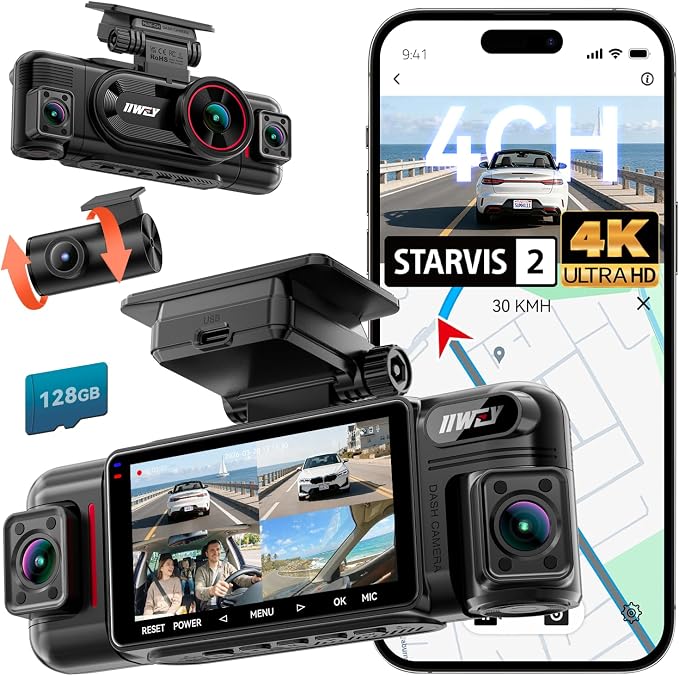 N6 PRO STARVIS 2 4K 4-Channel Dash Cam, 360° All-Around View (4K+1080Px3), Front Rear and Dual Inside Car Camera, 5GHz WiFi, GPS, 8-IR Lamps Night Vision, Free 128GB Card, 24/7 Parking Mode