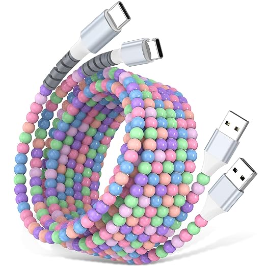 USB A to USB C Cable 2Pack 6FT,Beaded Phone Charger Cord for iPhone 17 16 Pro Max 17e 15 Car play,Type C Cute Car Charger Charging Cord for iPad 10 11th A16/Samsung S26 S25 S24 S23/Android Girls Women