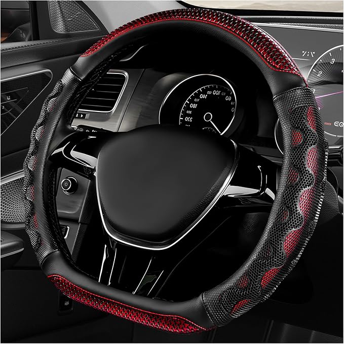 D-Shaped Steering Wheel Cover, Leather Car Wheel Protector with 3D Honeycomb Anti-Slip Design, Universal Breathable Comfy Cover Fits 14.5-15 Inch Steering Wheels, Car Accessories (Red)