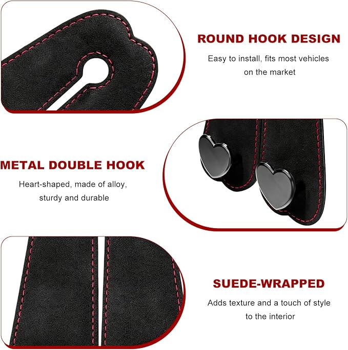 2 PCS Car Seat Headrest Hook, Suede Heart Shape Auto Double Seat Back Purse Storage Hook, Cute Backseat Organizer Universal Bag Holder Most Vehicles, Car Accessories (Black)
