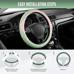 Steering Wheel Cover, Pink Patterned & Green Leather Patchwork Design, Universal Fit 14.5"–15.5", Anti-Slip, Odor-Free, Soft PU Grain Leather, Durable Grip Car Accessory for Girls & Women