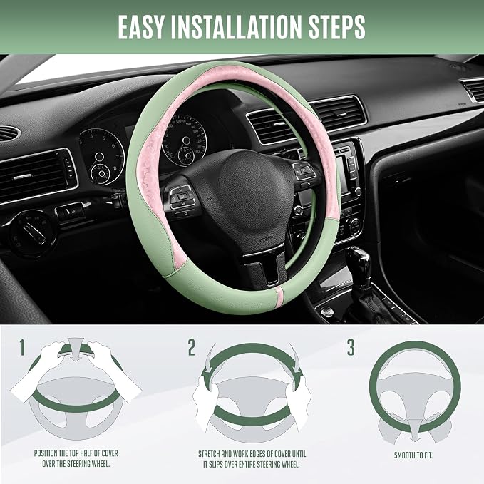 Steering Wheel Cover, Pink Patterned & Green Leather Patchwork Design, Universal Fit 14.5"–15.5", Anti-Slip, Odor-Free, Soft PU Grain Leather, Durable Grip Car Accessory for Girls & Women