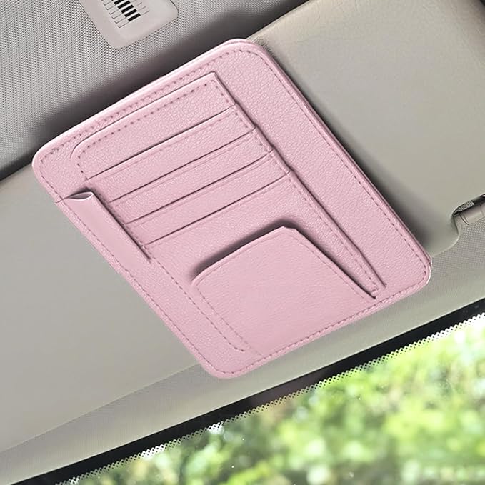 Car Sun Visor Organizer, PU Leather Vehicle Visor Document Storage Pocket for Sunglass Card Pen, Multifunctional Automotive Interior Holder Accessories, Universal Fit (Pink)