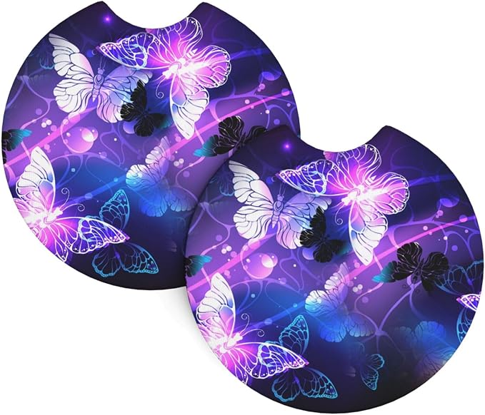 Butterfly Purple Steering Wheel Cover - Purple Butterfly Steering Wheel Cover Anti-Slip Breathable 15 Inch Universal 2 Pcs Car Interior Cup Holder Pad for Men Women