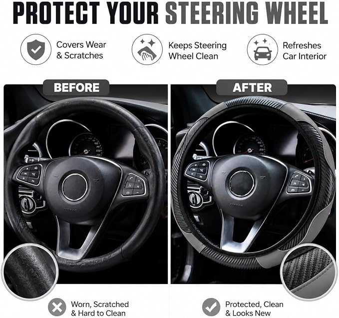 Car Steering Wheel Cover 15 inch, Microfiber PU Leather Elastic Steering Wheel Protector, Anti-Slip Breathable Car Interior Accessories for Most Cars (Grey)