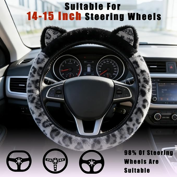 Leopard Fluffy Car Steering Wheel Cover with Keychain 14-15 inch Gray Black | Cute Steering Wheel Covers with Ears Keychain Universal Elastic Steering Wheel Protector Accessories for Women Girls