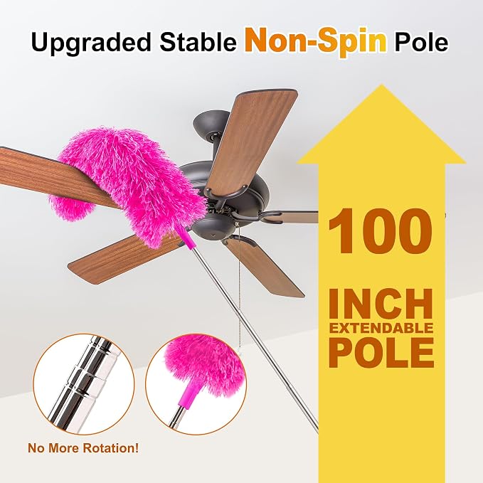 5-in-1 Duster with Extension Pole 100 inch Extendable Dusters for Cleaning Anti-Spin Reusable Dusting Kits for High Ceiling Fans, Cobwebs & Vents, Reinforced Stainless Steel Telescopic Handle