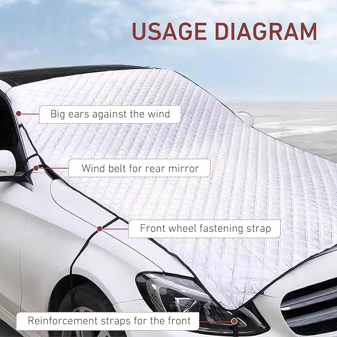 Universal Foldable Half Car Cover, Windproof Windshield Sunshade with Cotton Liner, Heavy-Duty All-Season Protection for Snow, Hail, Scratch & UV (Silver)