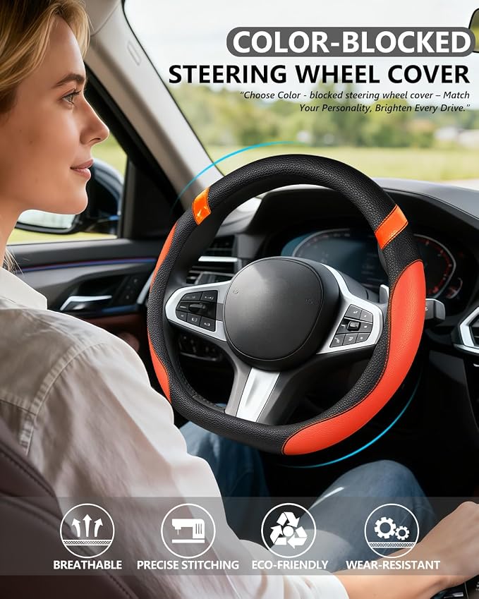 D-Shaped Flat Bottom Steering Wheel Cover for Women Girl - Stylish Car Accessory Non-Slip Car Interior Accessories (Orange)