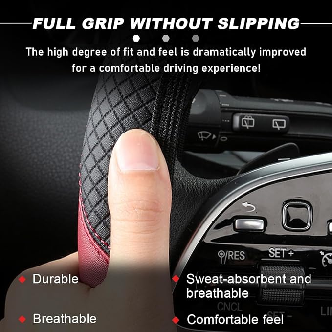 Car Steering Wheel Cover, 15 Inch Carbon Fiber Leather Stitching Color Steering Wheel Protector, Anti-Slip Elastic Breathable Steering Wheel Cover Stylish Decor for Most Cars (Black&Khaki, AD)